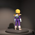 Blonde Hair Blue Eyes Doll Wearing Purple White Outfit with Gold Accents on Gray Platform