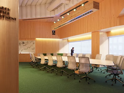 Modern Conference Room Interior With Wooden Walls Long Table Green Carpet Chairs And Windows 3d model