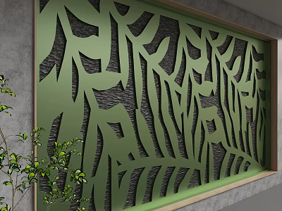 Green Feature Wall with Cutout Leaf Line Patterns and Wooden Frame Flanked by Green Plants 3d model