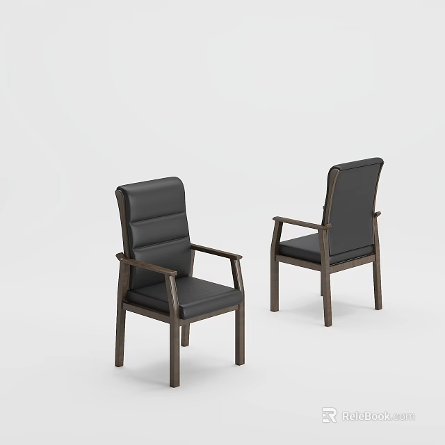 Modern Single Chair With Black Leather Upholstery And Wooden Armrest Frame Design 3d model 