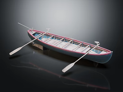 Classic Wooden Rowboat With Blue Hull Red Trim Wooden Seats And Oars 3d model