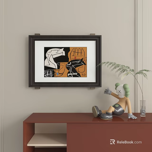 Framed Abstract Painting Black White Orange Wall Art with Doll Plant Vase on Red Table 3d model 