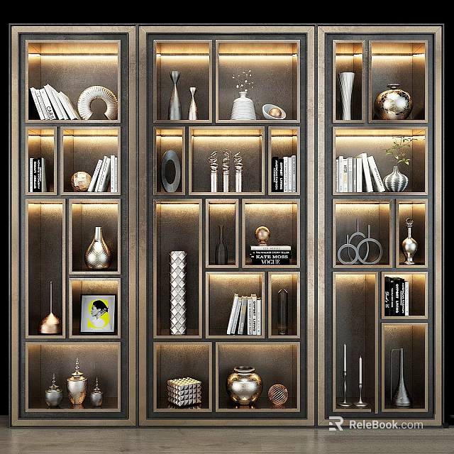 Modern Storage Cabinet With Illuminated Compartments Books Vases And Decorative Items 3d model 