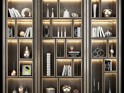 Modern Storage Cabinet With Illuminated Compartments Books Vases And Decorative Items 3d model