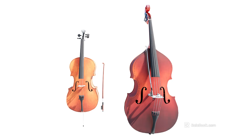 Brown Wooden Cello and Double Bass String Instruments with Bows 3d model 