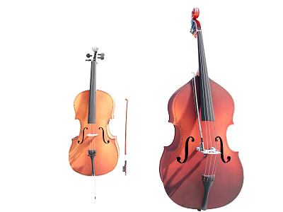 Brown Wooden Cello and Double Bass String Instruments with Bows 3d model