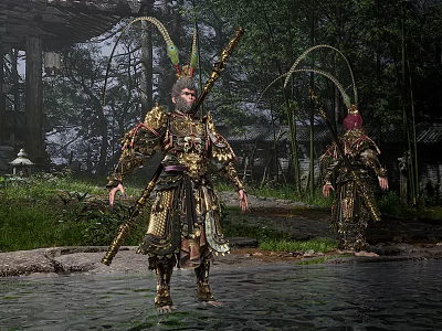 Game Warrior Characters in Traditional Bamboo Forest with Golden Armor Feathered Helmets and Long Weapons 3d model