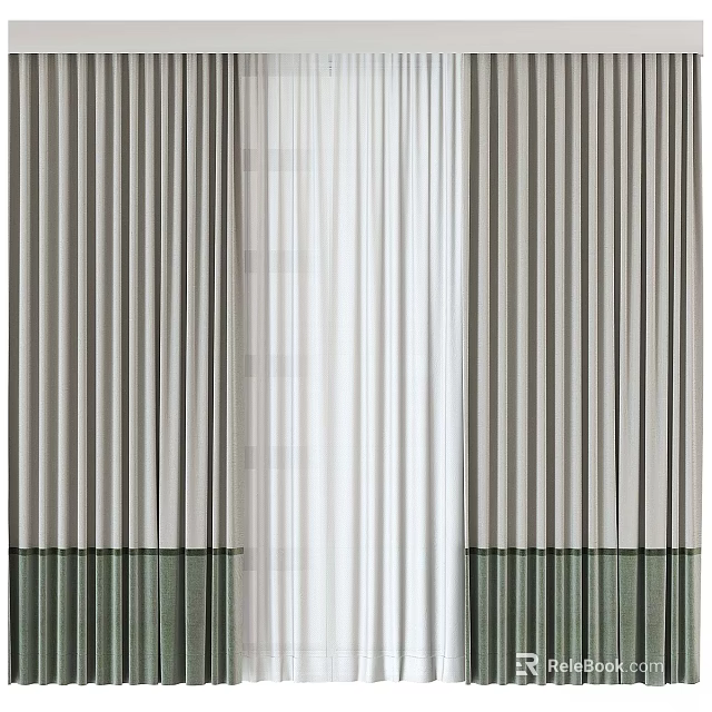 Elegant Layered Curtains With Neutral Vertical Stripes And Bottom Decorative Trim 3d model 