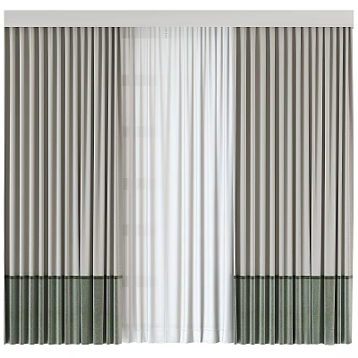Elegant Layered Curtains With Neutral Vertical Stripes And Bottom Decorative Trim 3d model