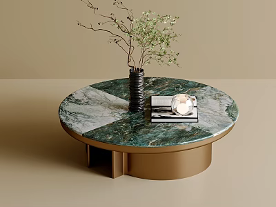 Elegant Round Coffee Table With Marble Top And Brass Base Featuring Vase Books Glass Cup 3d model
