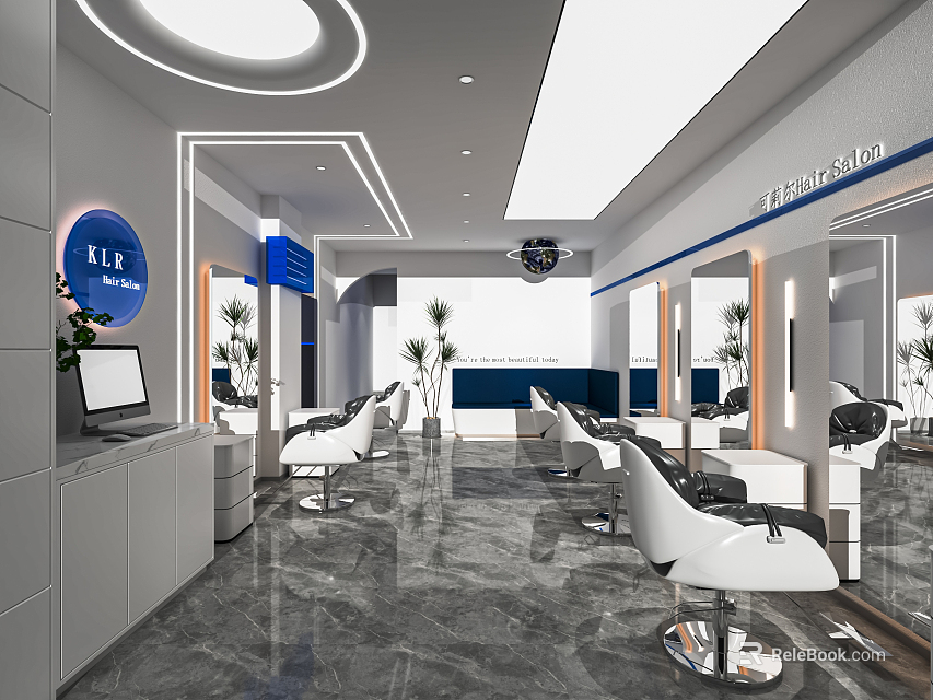 Modern Hair Salon Interior With White Chairs Mirrors Marble Floor Blue Decor Plants And Computer 3d model 