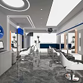 Modern Hair Salon Interior With White Chairs Mirrors Marble Floor Blue Decor Plants And Computer