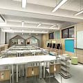 School Open Modern Classroom Interior With Wooden Structures Desks Chairs Whiteboard And Storage Cabinets