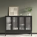 Black Sideboard With Glass Doors Drawers And Decorative Potted Plant On Green Wall