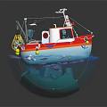 Natural scene inside crystal ball with red fishing boat seagulls and calm blue water