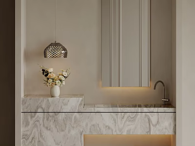 Modern Elegant Marble Washbasin with Pendant Light Cabinet and Vase 3d model