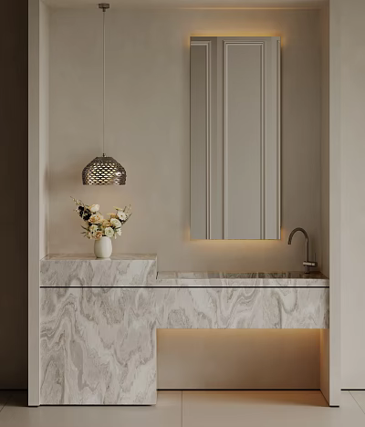 Modern Elegant Marble Washbasin with Pendant Light Cabinet and Vase 3d model