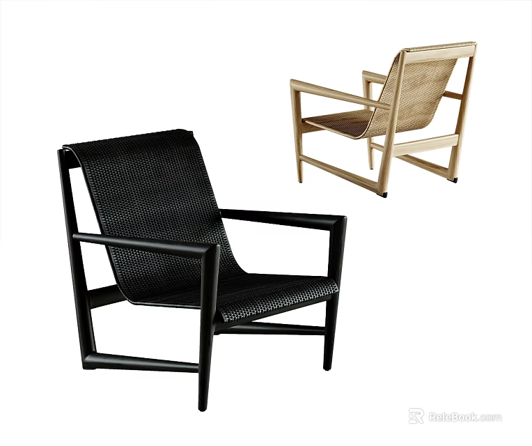 Stylish Leisure Chairs With Woven Seats And Wooden Frames In Black And Natural Tones 3d model 