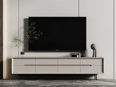 Modern Minimalist TV Stand with Flat Screen TV Small Plant Sculpture and Storage Drawers 3d model