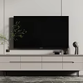Modern Minimalist TV Stand with Flat Screen TV Small Plant Sculpture and Storage Drawers