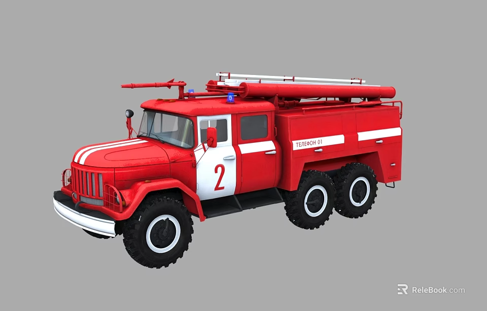 Red Fire Truck With White Stripes Number 2 Emergency Lights And Ladder 3d model 