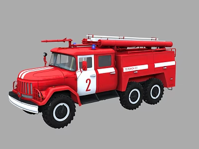 Red Fire Truck With White Stripes Number 2 Emergency Lights And Ladder 3d model