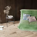 Green Velvet Lazy Sofa with Wooden Floor and Dried Flower Vase on Side Table 3d model