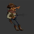 Cartoon Cowboy Character With Brown Hat Red Bandana Orange Skin Blue Jeans And Revolver Pointing