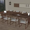 Traditional Wooden Table And Chairs Set With Laptop Documents Near Blinds Lantern And Calligraphy Wall