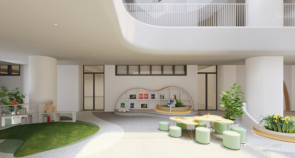 Bright Modern Kindergarten Interior With Grass Area Bookshelf And Green Seating 3d model 