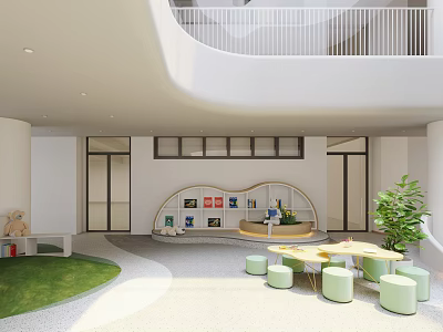 Bright Modern Kindergarten Interior With Grass Area Bookshelf And Green Seating 3d model