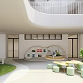 Bright Modern Kindergarten Interior With Grass Area Bookshelf And Green Seating