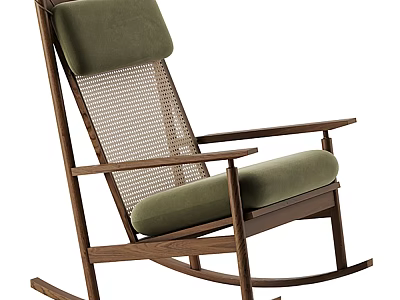 Wooden Rocking Lounge Chair With Green Cushion And Mesh Back Design 3d model