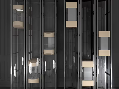 Modern Elevator With Glass Cabins And Metallic Frame Design Features 3d model