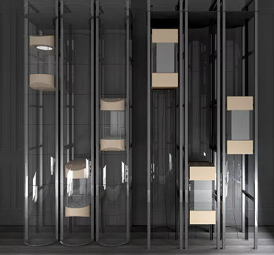 Modern Elevator With Glass Cabins And Metallic Frame Design Features 3d model