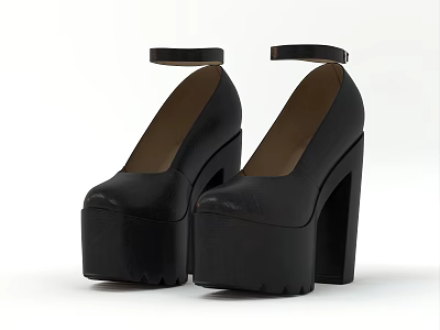 Black Leather Platform Shoes With Block Heel And Ankle Strap Design 3d model