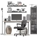 Home Office Desk With Computer Monitor Office Chair Bookshelf Floor Lamp Photo Frames And Storage
