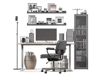 Home Office Desk With Computer Monitor Office Chair Bookshelf Floor Lamp Photo Frames And Storage 3d model