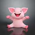 Pink Cartoon Pig with Smiling Face Sitting and Open Arms on Black Background with Reflection