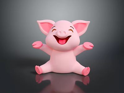 Pink Cartoon Pig with Smiling Face Sitting and Open Arms on Black Background with Reflection 3d model