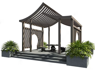 Traditional Wooden Landscape Pavilion with Curved Roof Stone Table and Surrounding Plants 3d model