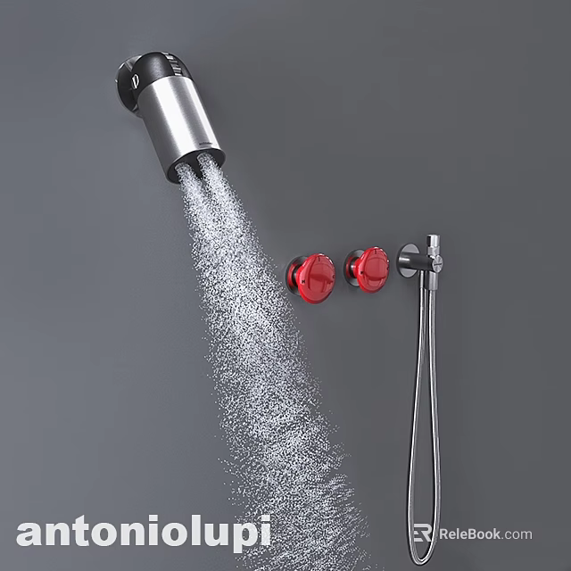 Modern Silver Shower Faucet With Red Control Knobs And Handheld Showerhead Spraying Water 3d model 