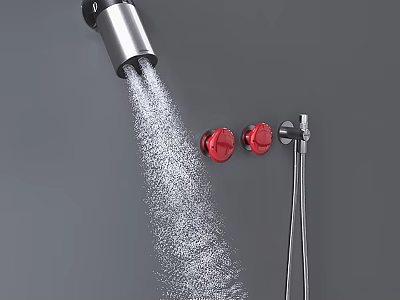 Modern Silver Shower Faucet With Red Control Knobs And Handheld Showerhead Spraying Water 3d model