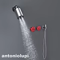 Modern Silver Shower Faucet With Red Control Knobs And Handheld Showerhead Spraying Water 3d model