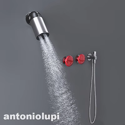 Modern Silver Shower Faucet With Red Control Knobs And Handheld Showerhead Spraying Water 3d model