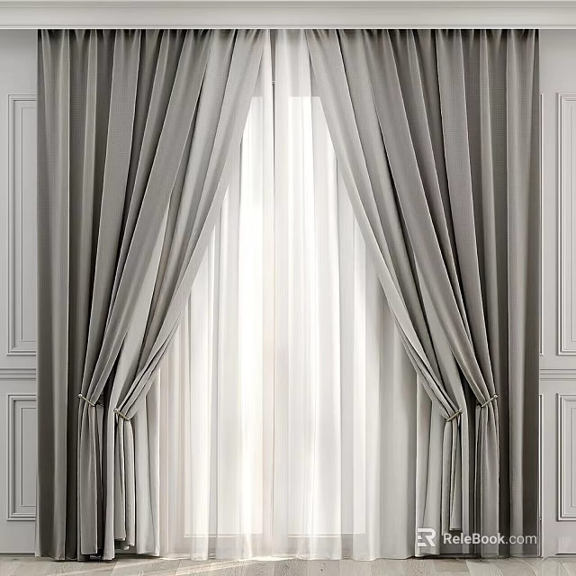 Gray Curtains With White Sheer Panels And Elegant Drapery On White Walls 3d model 