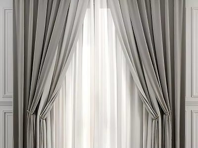 Gray Curtains With White Sheer Panels And Elegant Drapery On White Walls 3d model