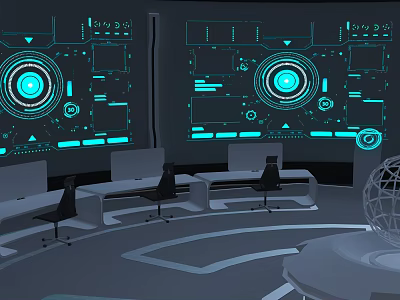 Cartoon Futuristic Tech Control Room With Large Screens Control Desks Chairs And Globe Model 3d model