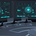 Cartoon Futuristic Tech Control Room With Large Screens Control Desks Chairs And Globe Model