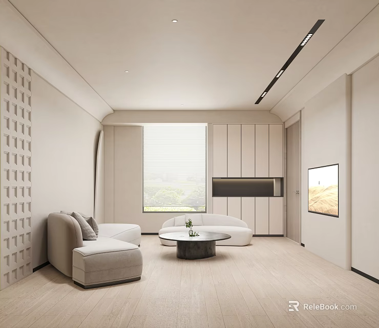 Modern Hotel Guest Room Interior With Sofa Round Coffee Table TV And Decorative Wall 3d model 